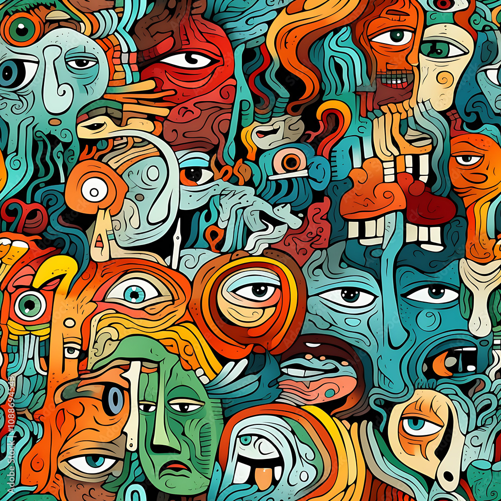 Obraz premium Face art, seamless pattern, the art of colorful faces is limitless