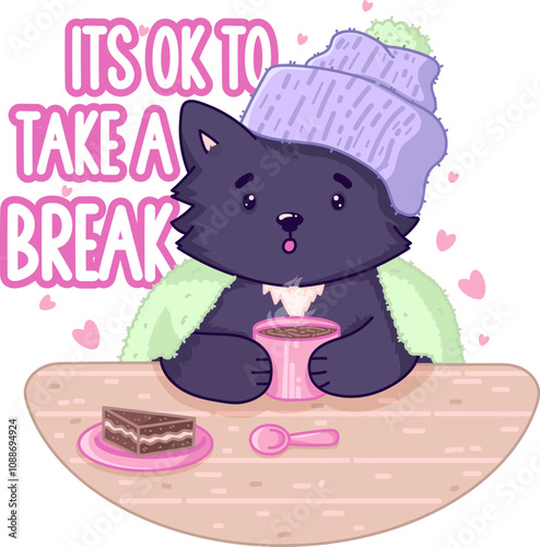 A cat drinking a cup of chocolate and a piece of cake It's ok to take a break