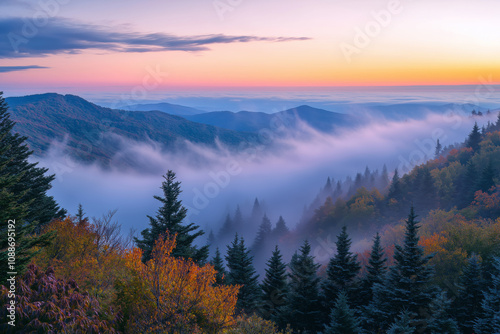 Scenic Mountain Landscape at Sunrise with Dense Fog and Autumn Colors