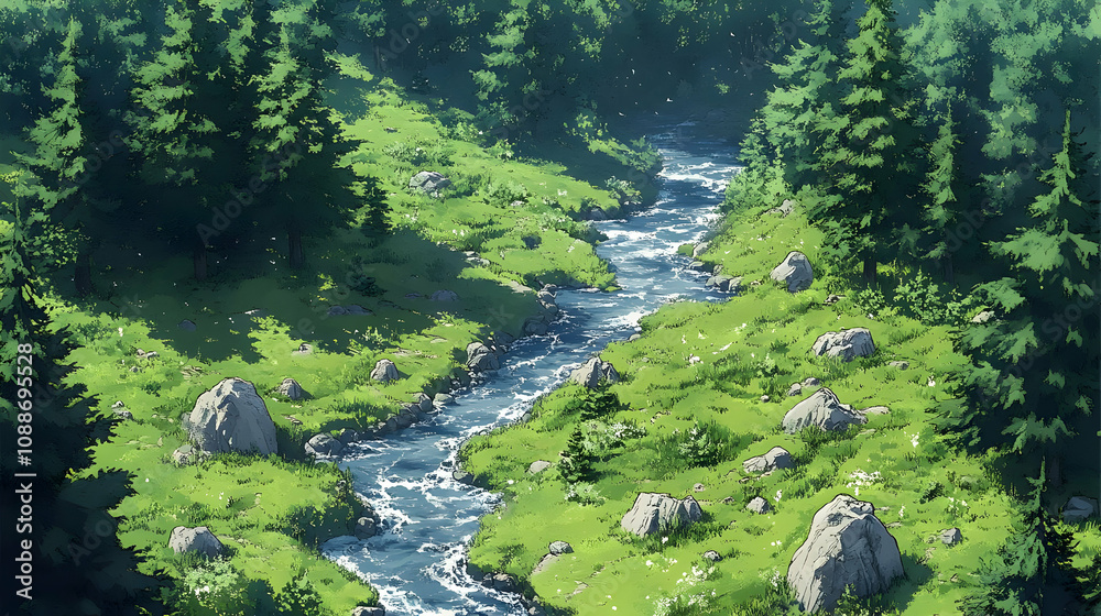 Serene River Flows Through Lush Green Valley Serene River Flows Through Lush Green Valley