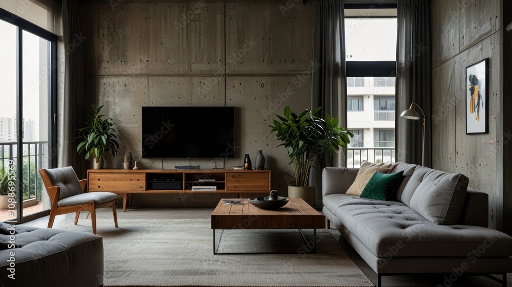 Here's a and keyword list for your stock photo.. Modern minimalist living room with concrete wall, large windows, and wooden furniture. Here's a and keyword list for your stock photo.. Modern minimalist living room with concrete wall, large windows, and wooden furniture.