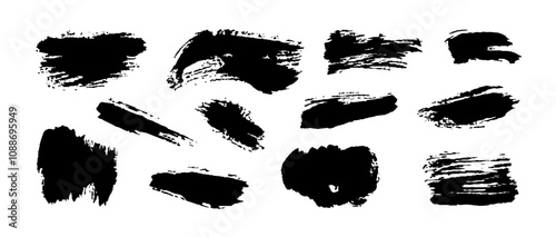 Various black brush strokes of different shapes and sizes are arranged on a white background, perfect for enhancing artistic and design projects with a modern touch