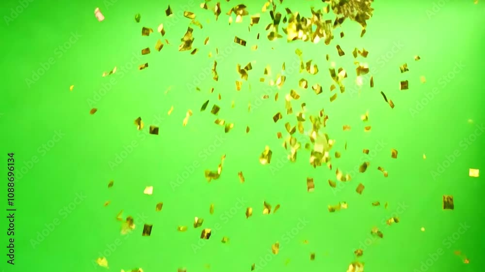 Shiny gold confetti are launched into the air at a party with green screen chroma mockup, creating a festive atmosphere. Falling confetti celebration birthdays and holidays. Generative AI