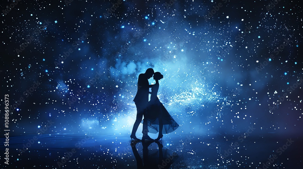 A couple dances under a starry night sky. A couple dances under a starry night sky.
