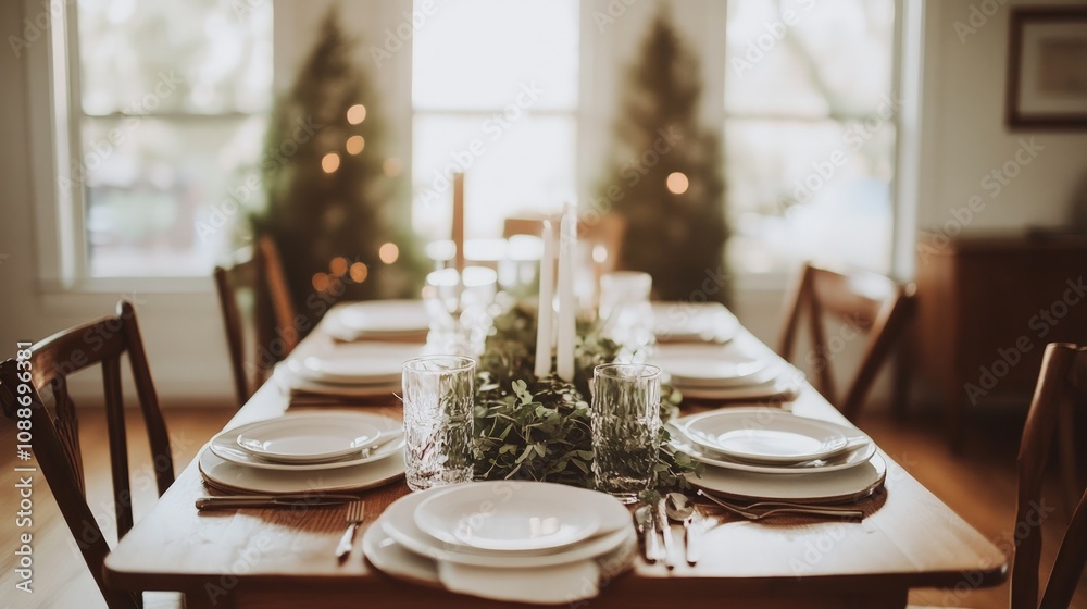 Elegant dining arrangement, simple table adorned with white plates, lush greenery centerpiece, family gathered, warm soft light creating a cozy atmosphere for shared moments Elegant dining arrangement, simple table adorned with white plates, lush greenery centerpiece, family gathered, warm soft light creating a cozy atmosphere for shared moments
