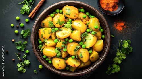 A bowl of spiced potatoes mixed with green peas, garnished with fresh cilantro leaves, surrounded by whole spices and a dish of ground spices.