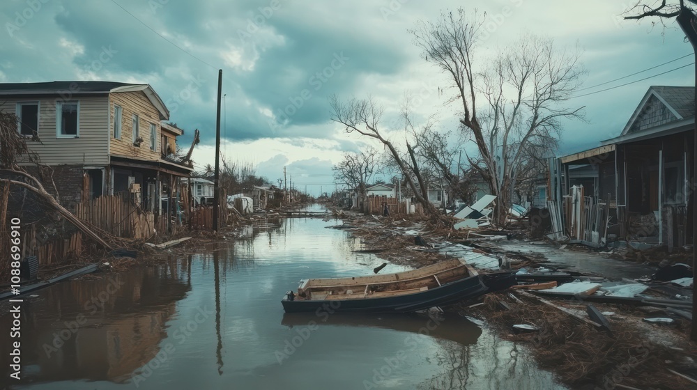 Obraz premium A town recovering from a hurricane, showcasing community resilience and cleanup