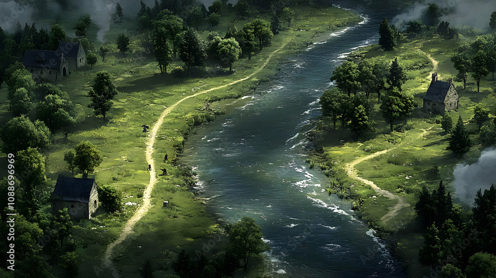 River Village: Winding Paths, Rustic Homes, Lush Greenery River Village: Winding Paths, Rustic Homes, Lush Greenery