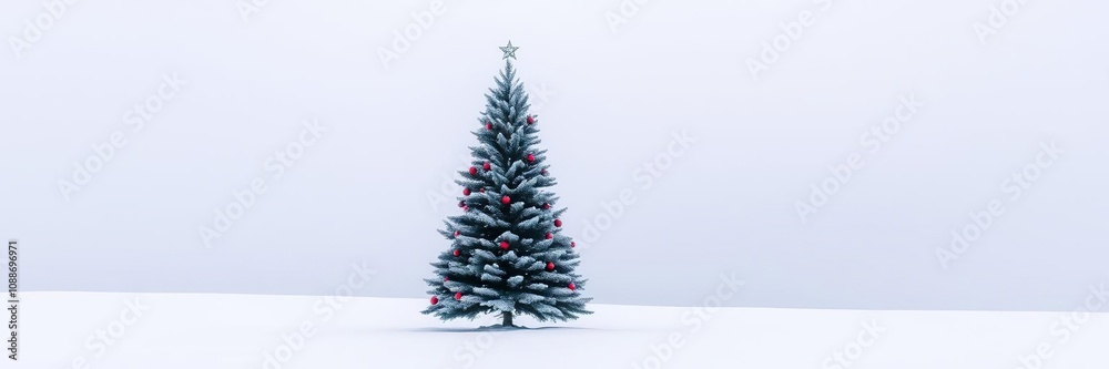 Serene snowy landscape with a beautifully decorated Christmas tree standing alone against the frosty background, frozen lake, snowy forest Serene snowy landscape with a beautifully decorated Christmas tree standing alone against the frosty background, frozen lake, snowy forest