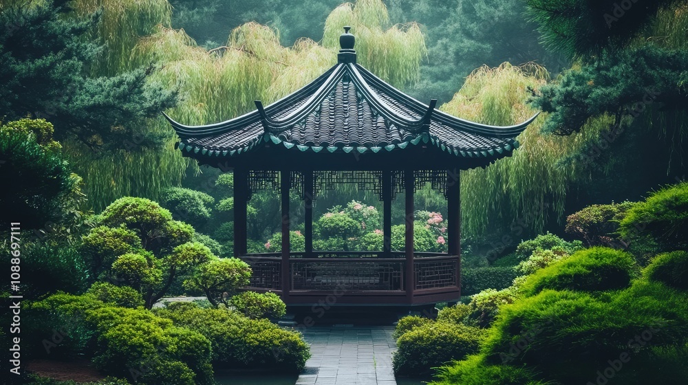 Simple gazebo in a Japanese-style garden, surrounded by bonsai trees Simple gazebo in a Japanese-style garden, surrounded by bonsai trees