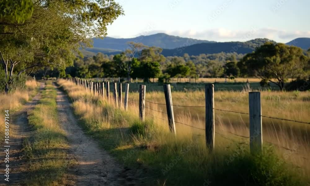 Rustic dirt road with wooden fence and distant mountains under a clear sky. Rustic dirt road with wooden fence and distant mountains under a clear sky.