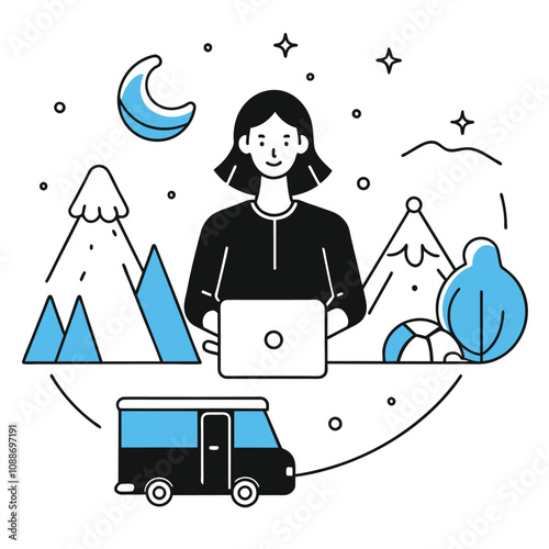 Woman working on laptop during a mountain getaway