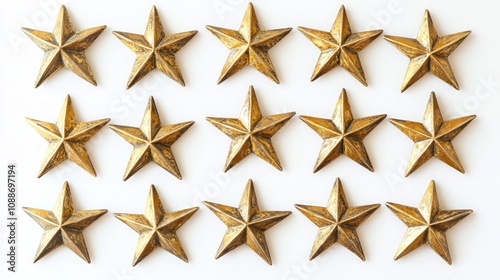 Brilliant Gold Stars Flat Lay, an arrangement of shimmering gold stars on a crisp white surface, showcasing their dazzling sparkle and intricate details from an overhead perspective