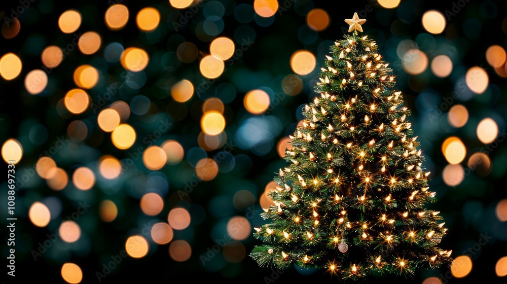 A decorated Christmas tree with glowing lights. A decorated Christmas tree with glowing lights.