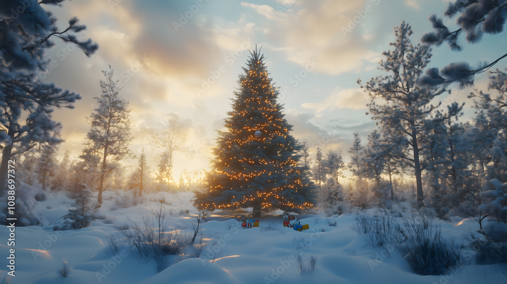 A beautiful Christmas tree with toys in a snowy forest. New Year and Christmas A beautiful Christmas tree with toys in a snowy forest. New Year and Christmas