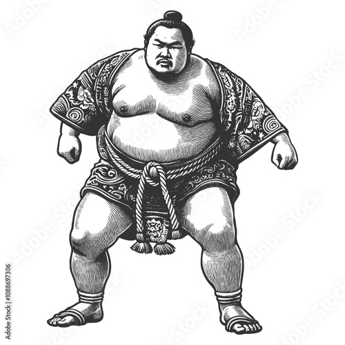 sumo wrestler wearing an ornate robe and striking combat-ready stance, embodying tradition and power sketch engraving generative ai vector illustration. Scratch board imitation. Black and white image