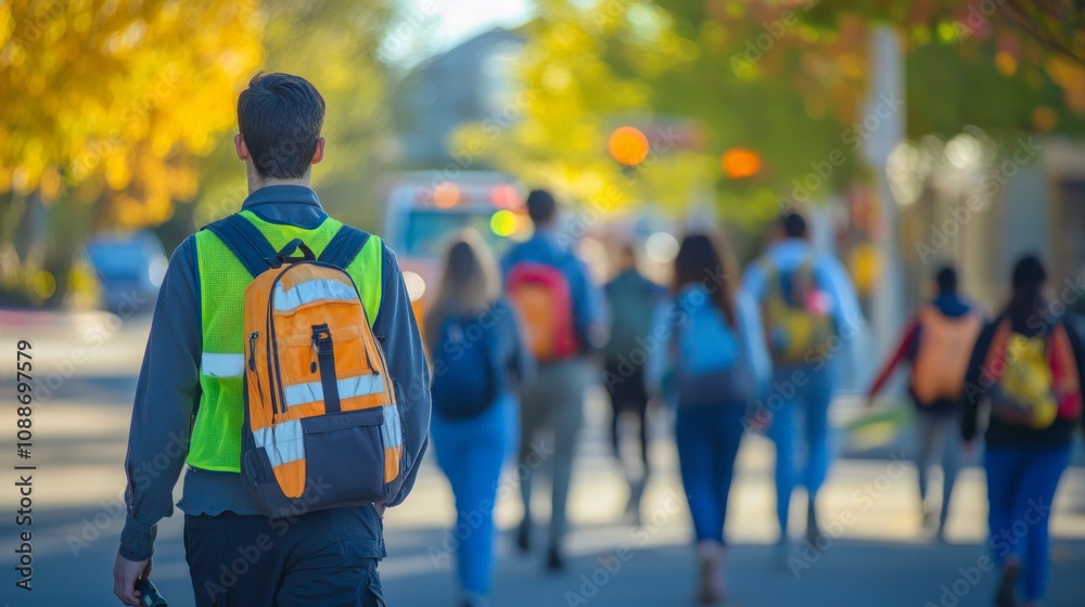 Fototapeta premium High school students in uniform heading to the bus stop, an EMT in reflective vest nearby, vibrant colors of yellow, orange, blue, and green, dynamic school environment.