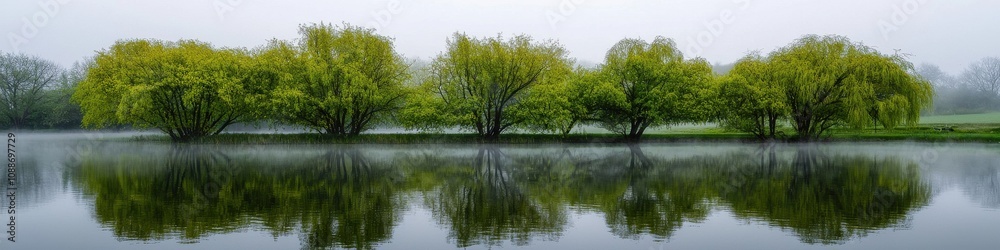 Misty morning landscape with fog reflected trees serene lake nature photography tranquil setting Misty morning landscape with fog reflected trees serene lake nature photography tranquil setting