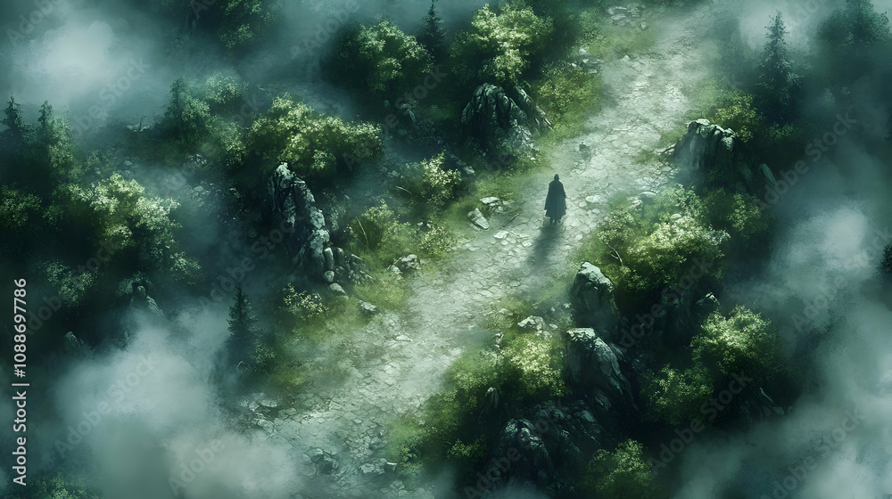Foggy Path: Traveler Walks Lonely Mountain Road Foggy Path: Traveler Walks Lonely Mountain Road