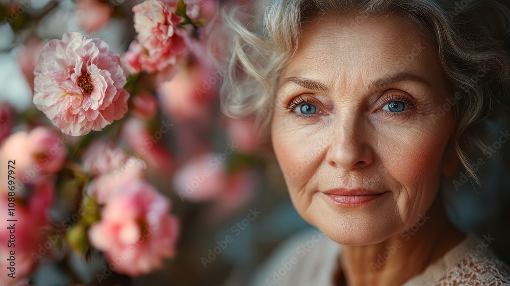 closeup of adult beautiful woman 60 years old on background with flowers closeup of adult beautiful woman 60 years old on background with flowers