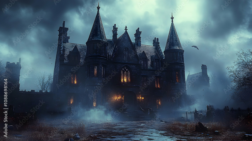 A Gloomy Gothic Mansion Stands Tall Under a Dark and Stormy Sky, With a Glowing Doorway Leading to the Unknown, the Building is Surrounded by Mist and Silence A Gloomy Gothic Mansion Stands Tall Under a Dark and Stormy Sky, With a Glowing Doorway Leading to the Unknown, the Building is Surrounded by Mist and Silence