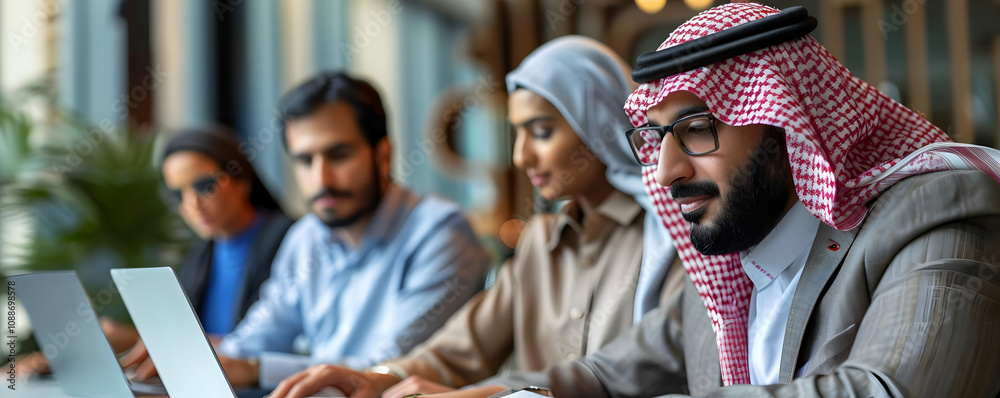Focused Middle Eastern Business Team Collaborates on Laptops in Modern Cafe Setting Focused Middle Eastern Business Team Collaborates on Laptops in Modern Cafe Setting