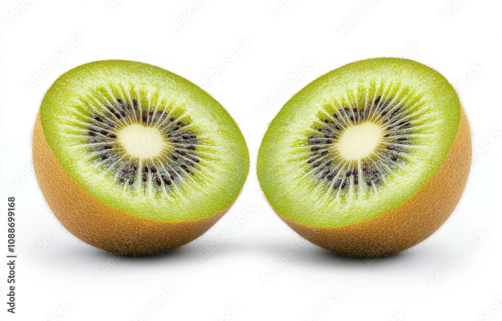 Fresh kiwi fruit halves with vibrant green flesh and brown skin Fresh kiwi fruit halves with vibrant green flesh and brown skin