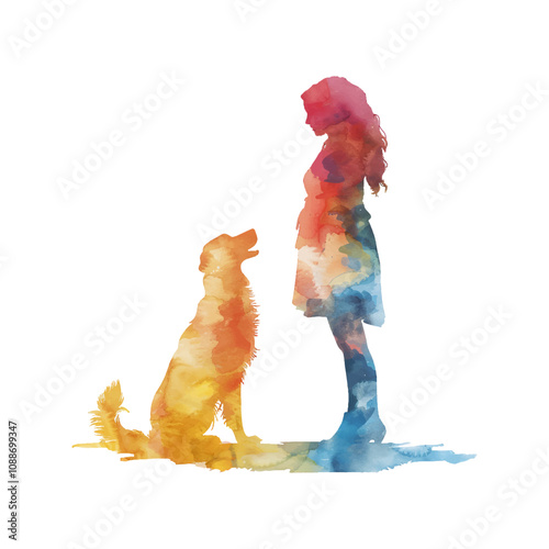 abstract color silhouette of woman and dog vector illustration in watercolor style