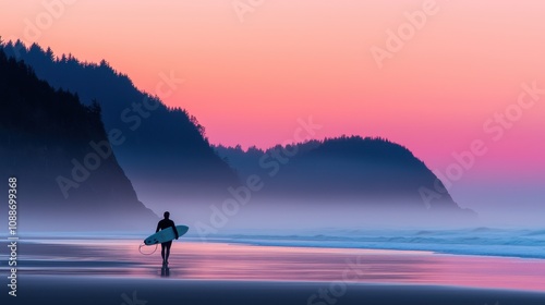 Surfer embraces morning fog at oregon coast beach serene seascape tranquil atmosphere