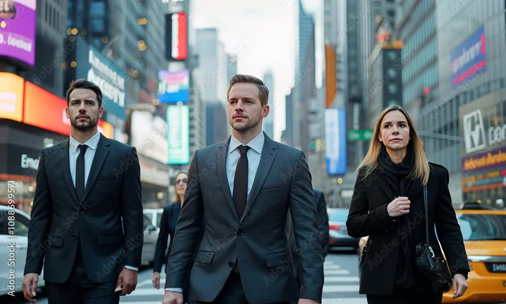 Three businesspeople walk confidently through a bustling city street, showcasing ambition and success. Three businesspeople walk confidently through a bustling city street, showcasing ambition and success.