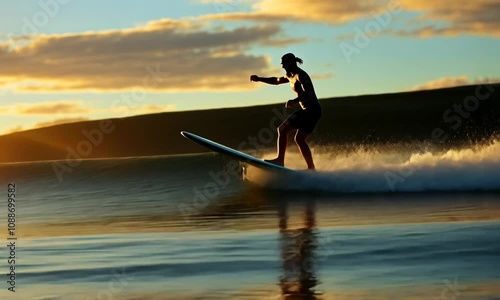 Surfer silhouette riding a wave at sunset, ocean, golden hour, water sports.