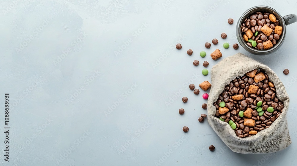 Scattered Cat Food Kibble in Bag on Studio Background with Copy Space
