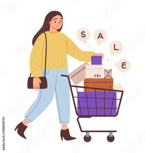 Shopping concept. Sale, orders, payment. A flat vector illustration of a woman with a shopping cart. Customer in retail.