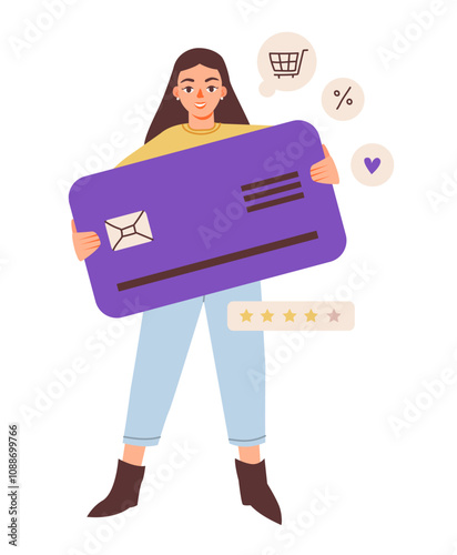 Online shopping concept. A flat vector illustration of a woman using a card for online payment. Female customer in online shopping with her card.