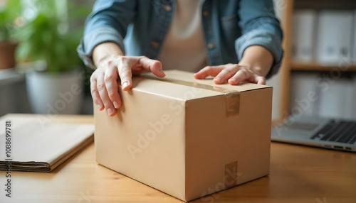 Small business online selling, a person with boxes and laptop with copy space photo