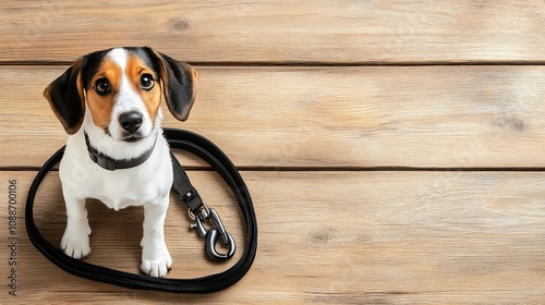 Neatly Coiled Dog Leash on Wooden Table with Clean Background