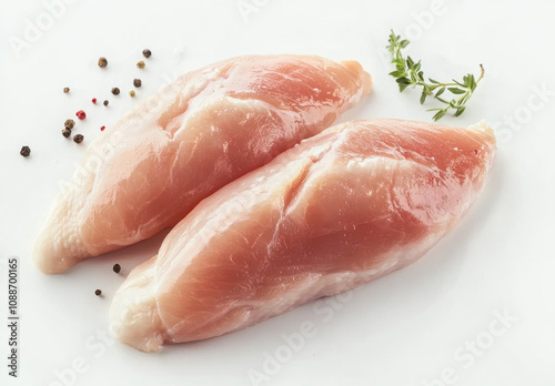 Fresh chicken breast fillets on white background with herbs and spices. Perfect for healthy meals and cooking photo