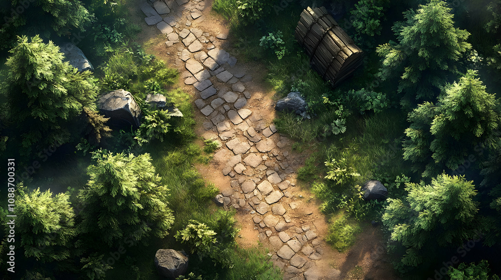 Stone Path Winds Through Lush Forest, Sunlight Dapples Leaves. Game Asset.