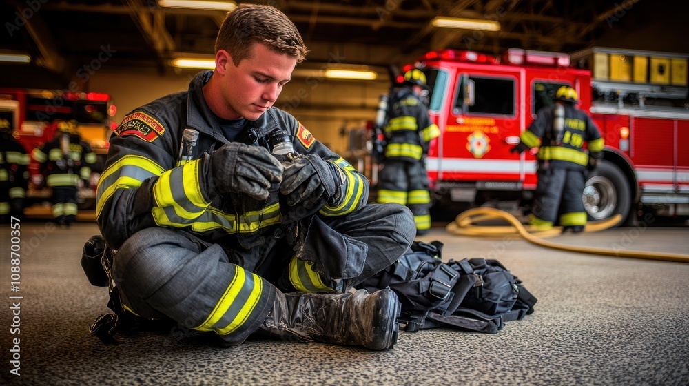 A firefighter prepares equipment in a busy fire station with colleagues in the background. A firefighter prepares equipment in a busy fire station with colleagues in the background.