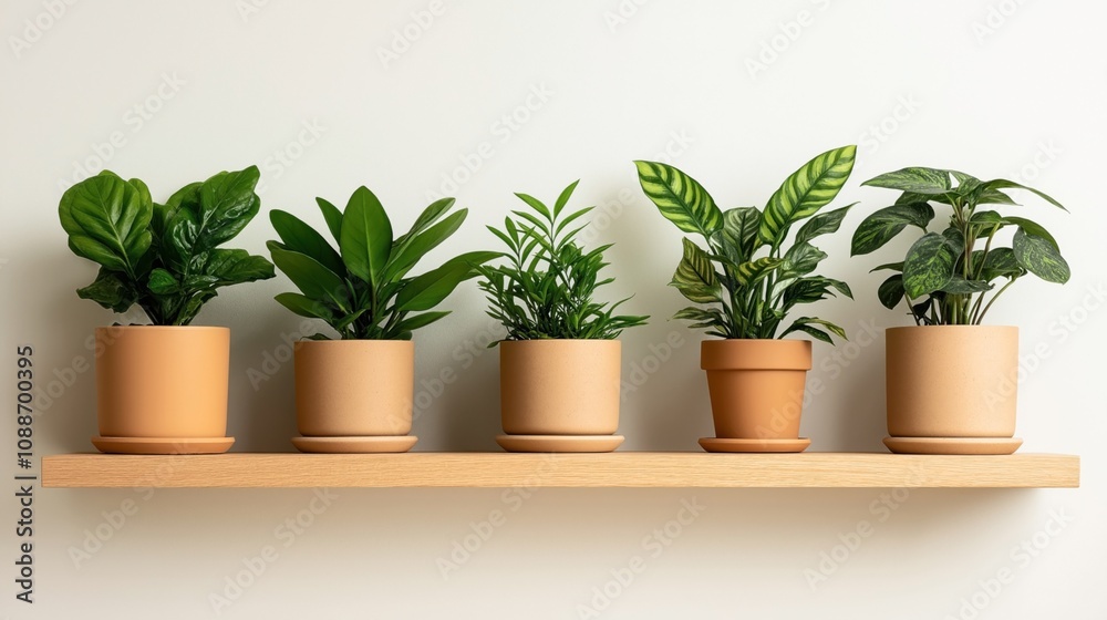 Five green houseplants in terracotta pots displayed on a wooden shelf against a plain light-colored wall in a minimalist indoor setting. Five green houseplants in terracotta pots displayed on a wooden shelf against a plain light-colored wall in a minimalist indoor setting.