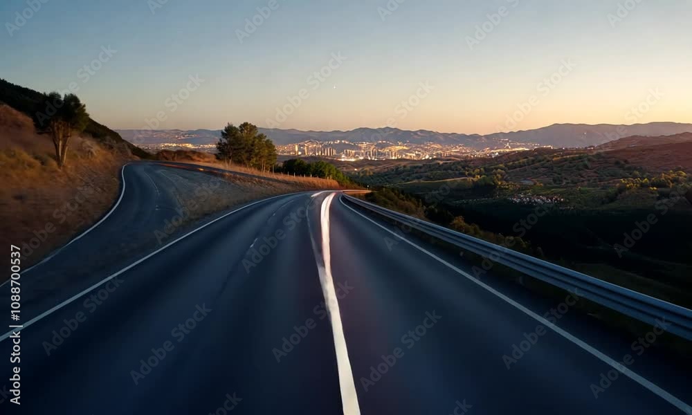 Winding asphalt road at sunset with city lights in the distance. Winding asphalt road at sunset with city lights in the distance.