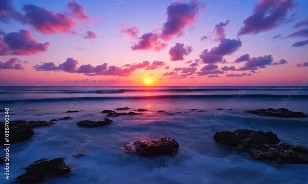 Vibrant sunset over ocean with rocks. Vibrant sunset over ocean with rocks.