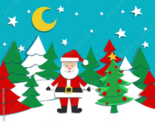 A vector illustration in paper-cut style featuring Santa Claus in a snowy forest beside a decorated Christmas tree. The design captured a festive and magical holiday atmosphere.