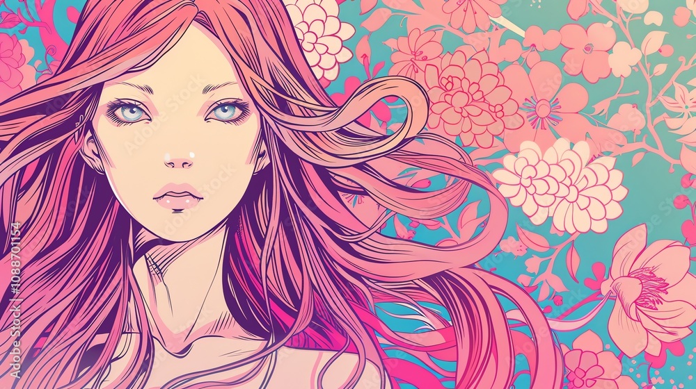 A digital illustration of a woman with long pink hair and blue eyes in front of a pink and blue floral pattern. A digital illustration of a woman with long pink hair and blue eyes in front of a pink and blue floral pattern.