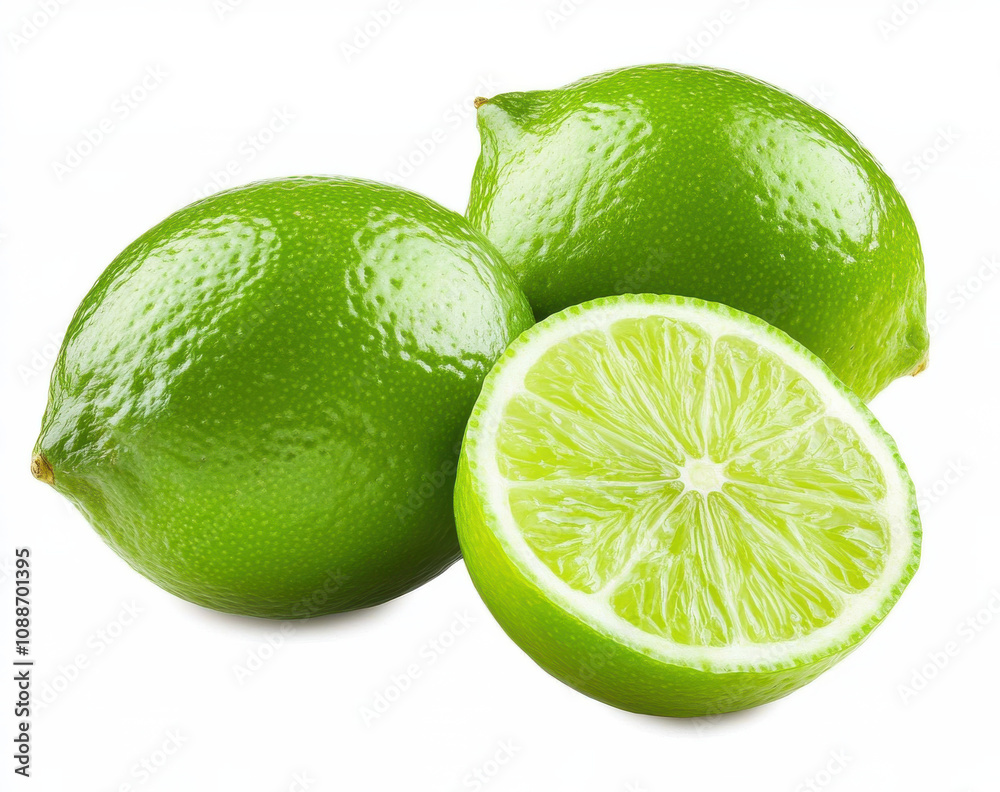 Fresh green limes, whole and sliced, showcasing vibrant color and texture. Perfect for culinary uses and beverages Fresh green limes, whole and sliced, showcasing vibrant color and texture. Perfect for culinary uses and beverages