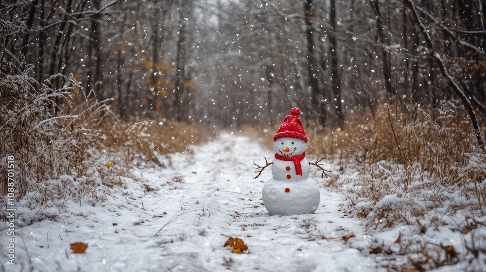 Fototapeta premium Happy snowman in a red hat in the winter forest snowfall