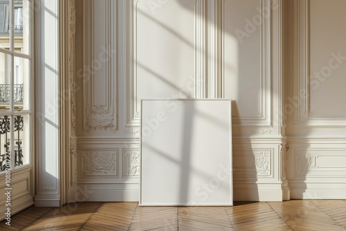 a mockup of an empty frame leaning against the wall in an eleganz appartement photo