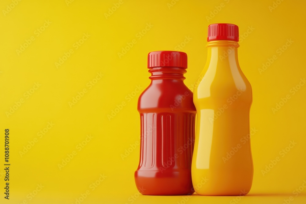 bottles of ketchup are on a yellow background bottles of ketchup are on a yellow background