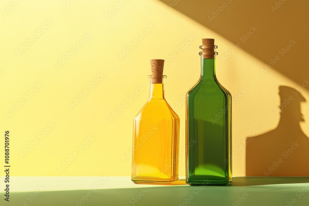 Two bottles of alcohol are on a yellow background Two bottles of alcohol are on a yellow background