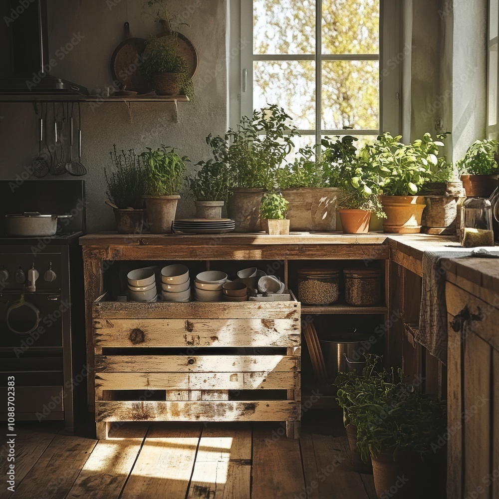 Cozy and Inviting Kitchen with Wooden Furniture and Lush Green Plants Bathed in Natural Light Through Large Windows Cozy and Inviting Kitchen with Wooden Furniture and Lush Green Plants Bathed in Natural Light Through Large Windows